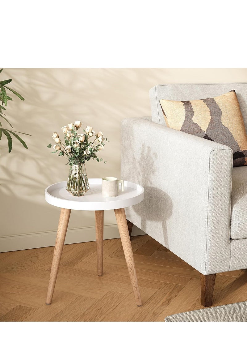 PENG GENERAL Round Living Room Coffee Table, Natural Wood Legs White Tray Nightstand End Table  - Image 5