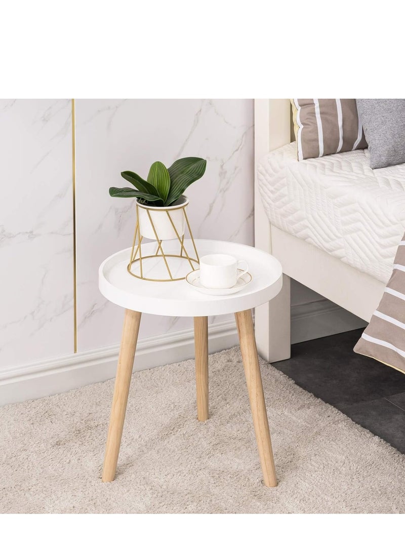 PENG GENERAL Round Living Room Coffee Table, Natural Wood Legs White Tray Nightstand End Table  - Image 2