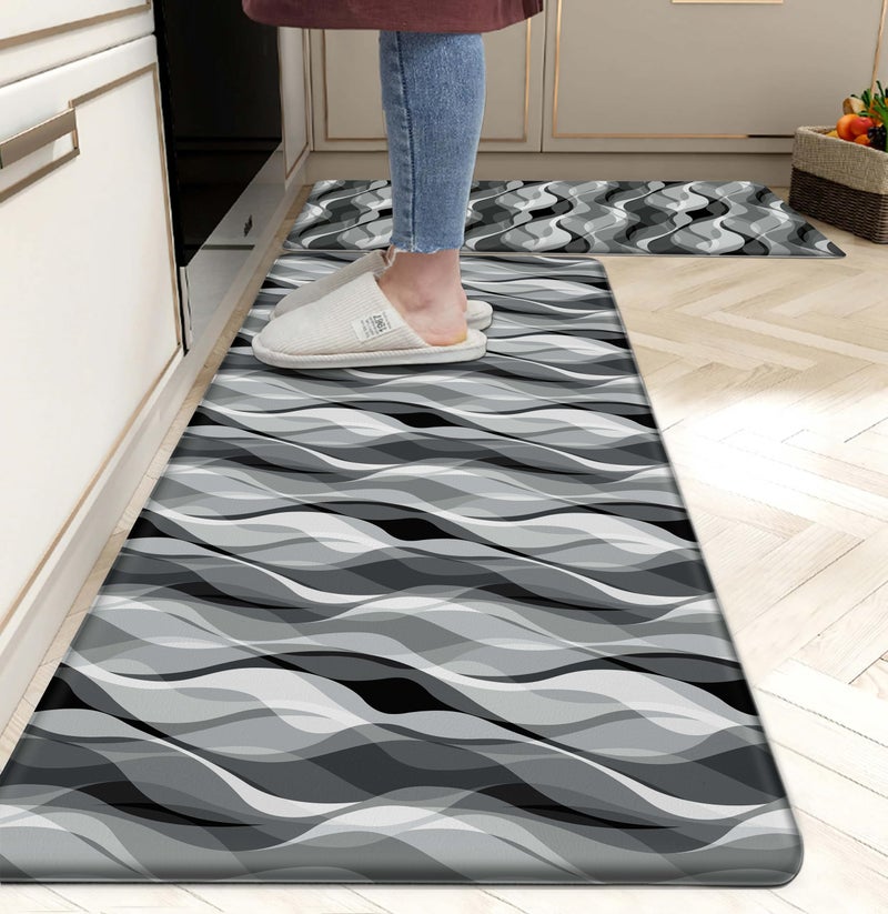 weesire Kitchen Mats for Floor Modern Abstract Kitchen Rugs Grey Stripe Anti Fatigue Kitchen Mats Waterproof Floor Mats Cushioned Non-Skid Standing Mats for Kitchen, Set of 2,17.3 x 28+17.3 x 47 - Image 1
