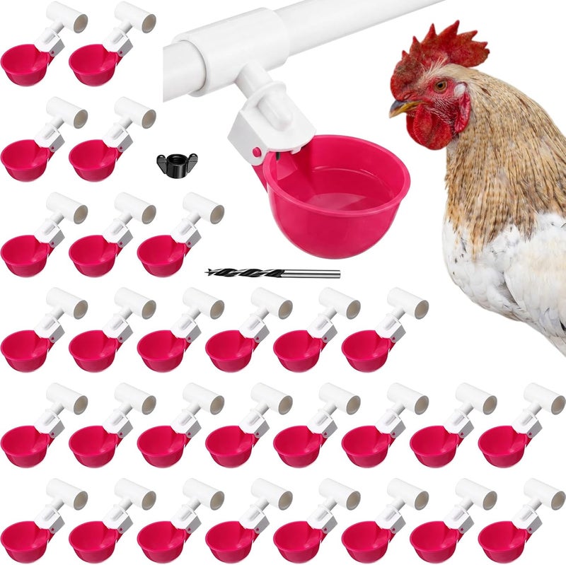 LemonRoad 30 Set Automatic Chicken Waterer Cups with 1/2" PVC Tee Fitting Chicken Drinking Bowl, Poultry Drinker Mounting Hole Opener,Water Dispenser Feeder for Duck, Goose, Pigeon(Rose Red) - Image 1