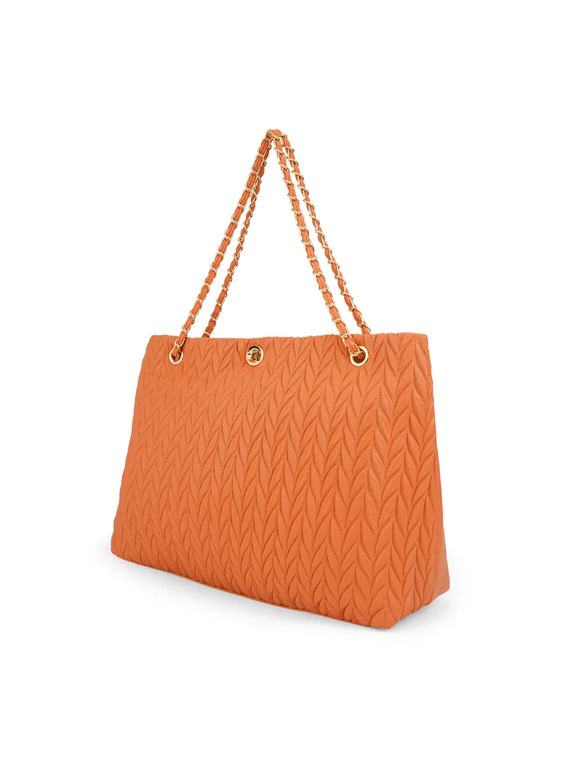 globus Globus Women Orange Leaf Raised Design Twistlock Chain Detail Double Handle Party Tote Bag