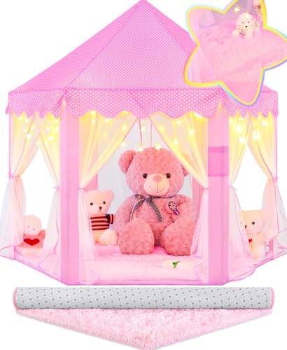 EVOIONOS Princess Tent with Lights and Rug Play Tent for Girls Kids Tent Indoor and Mat Princess Castle Playhouse Tent for Girls Pink Girls Tent for Toddlers 55 x 53 inch Toy Tent - Image 1