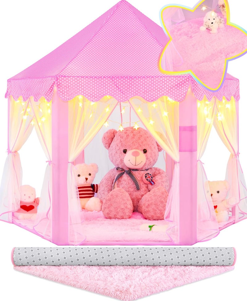 EVOIONOS Princess Tent with Lights and Rug Play Tent for Girls Kids Tent Indoor and Mat Princess Castle Playhouse Tent for Girls Pink Girls Tent for Toddlers 55 x 53 inch Toy Tent - Image 3