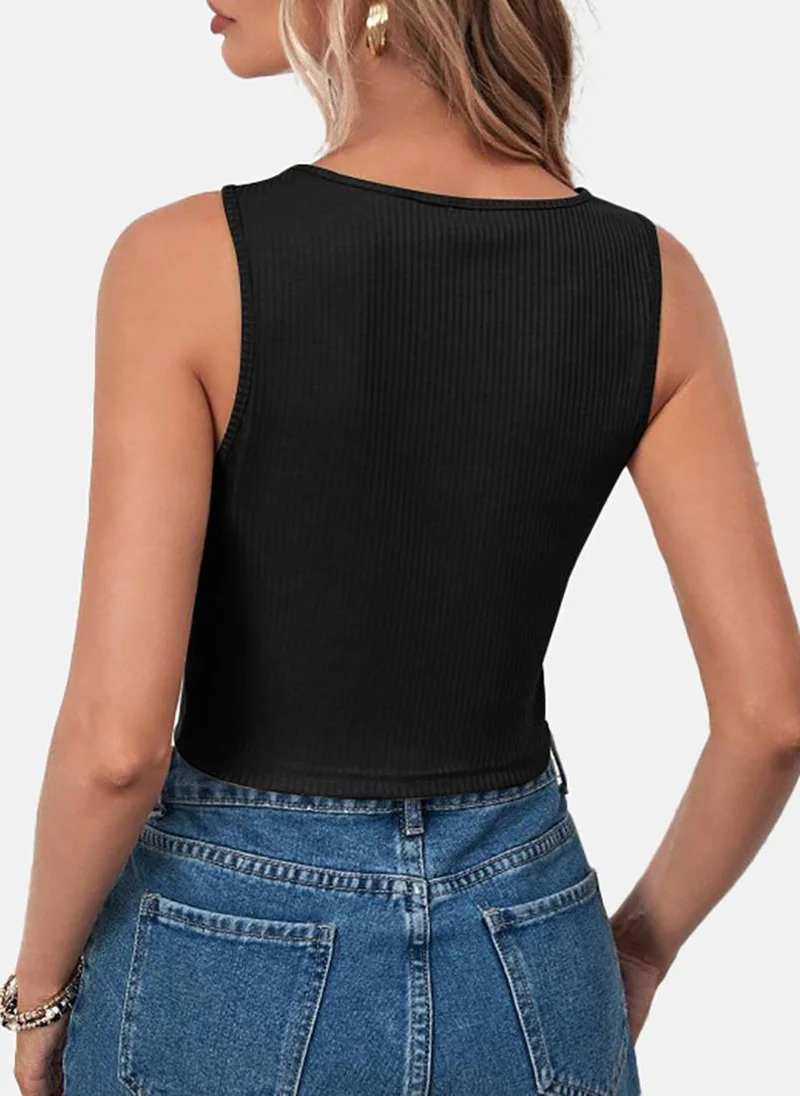 يونيكي Black Solid Slim Fit Sleeveless Top