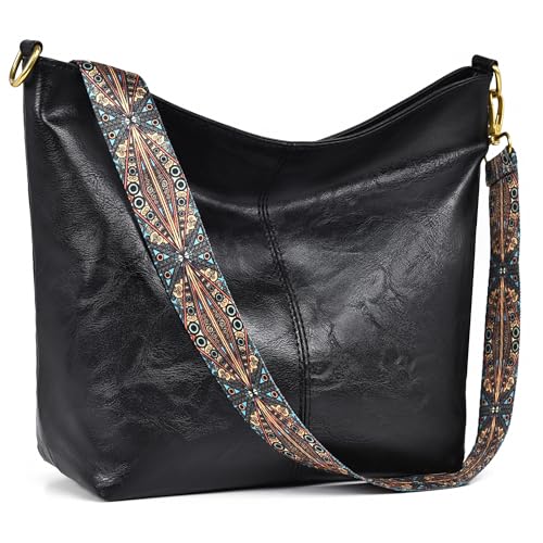 Dora & Liz Fashion Hobo Bags for Women Vegan Leather Crossbody Bag with Guitar Strap Shoulder Purses and Handbags (Black) - Image 1