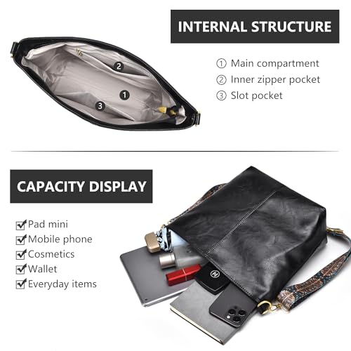 Dora & Liz Fashion Hobo Bags for Women Vegan Leather Crossbody Bag with Guitar Strap Shoulder Purses and Handbags (Black) - Image 4