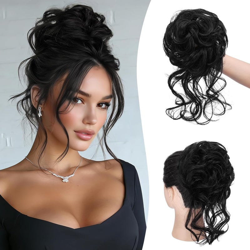 SOFEIYAN Messy Bun Hair Piece Curly Wavy Hair Bun Extensions Synthetic Tousled Updo with Tendrils Hairpieces Bun Donut Accessories Scrunchies for Women, Black - Image 1