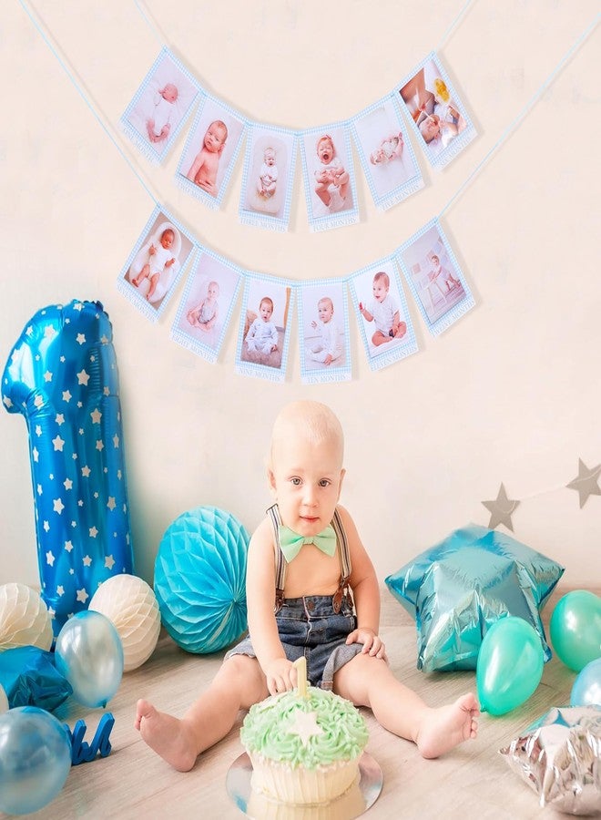 Jissoo Newborn 1 To 12 Months Milestone Decorations - Simple Blue Monthly Banner, First Year Photos Hanging Banner, Boys One Birthday Decor (BLUE) - Image 3