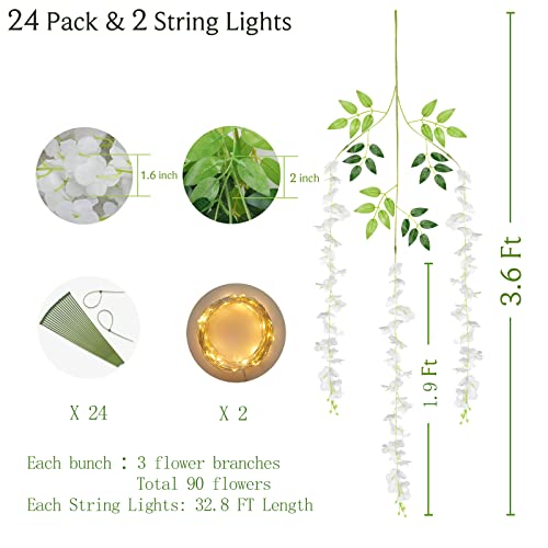 BLEUM CADE 24Pcs White Fake Wisteria Hanging Flowers with Lights 36FtPcs Artificial Wisteria Garland Hanging Flowers for Wedding Party Home Backdrop Wall Decoration - Image 3