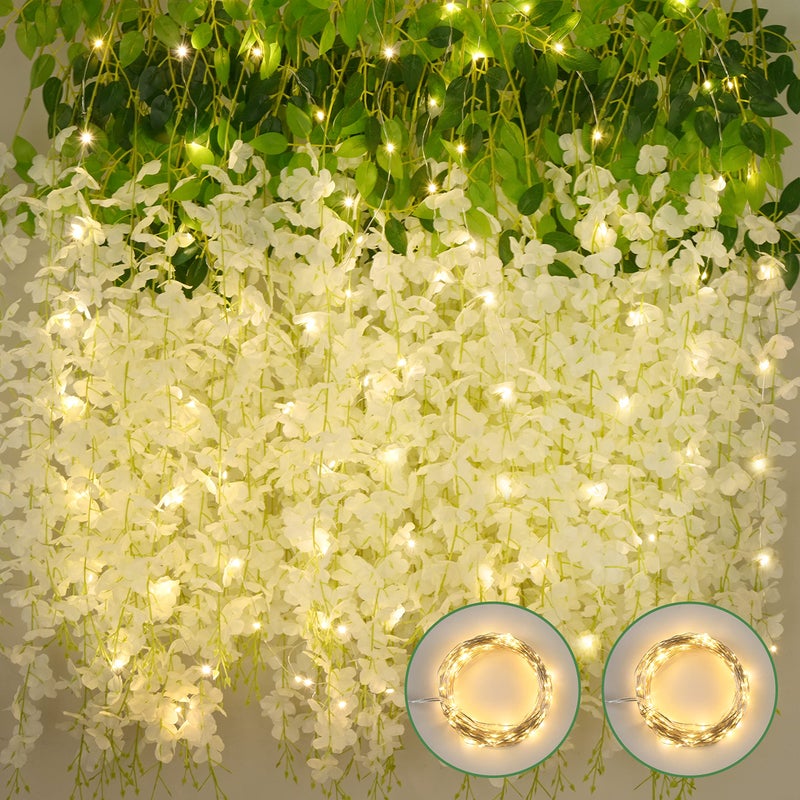 BLEUM CADE 24Pcs White Fake Wisteria Hanging Flowers with Lights 36FtPcs Artificial Wisteria Garland Hanging Flowers for Wedding Party Home Backdrop Wall Decoration - Image 2