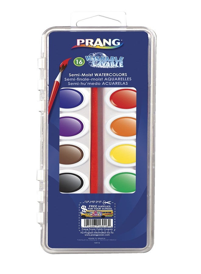 Prang Washable Semi-Moist 16 Classic Colors with 1 brush with shaped pans provide 41% more paint - Image 1