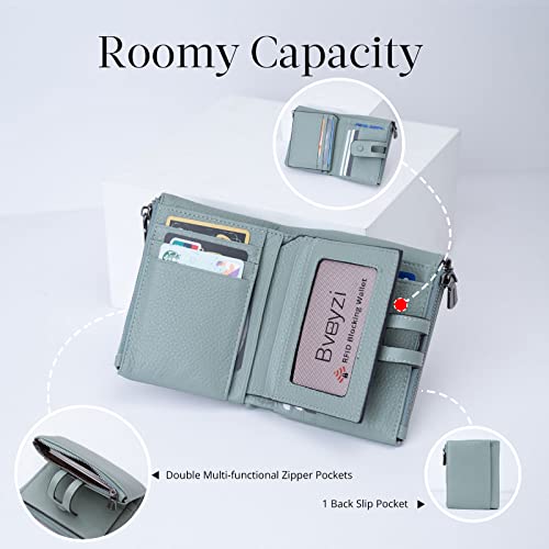 Bveyzi Small Soft Leather Wallet for Women RFID Blocking Ladies Card Holder with Double Zipper Pocket (Mint Green) - Image 2