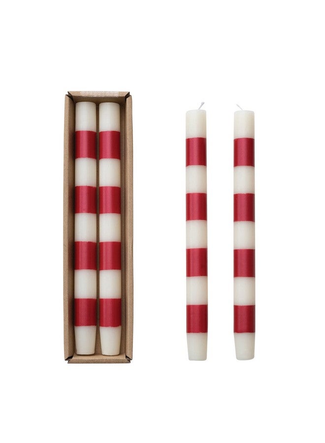 Creative Co-Op 10' H Unscented Taper Candles w/Stripes in Box, Cream Color & Red, Set of 2 (Approximate Burn Time 15 Hours) - Image 1