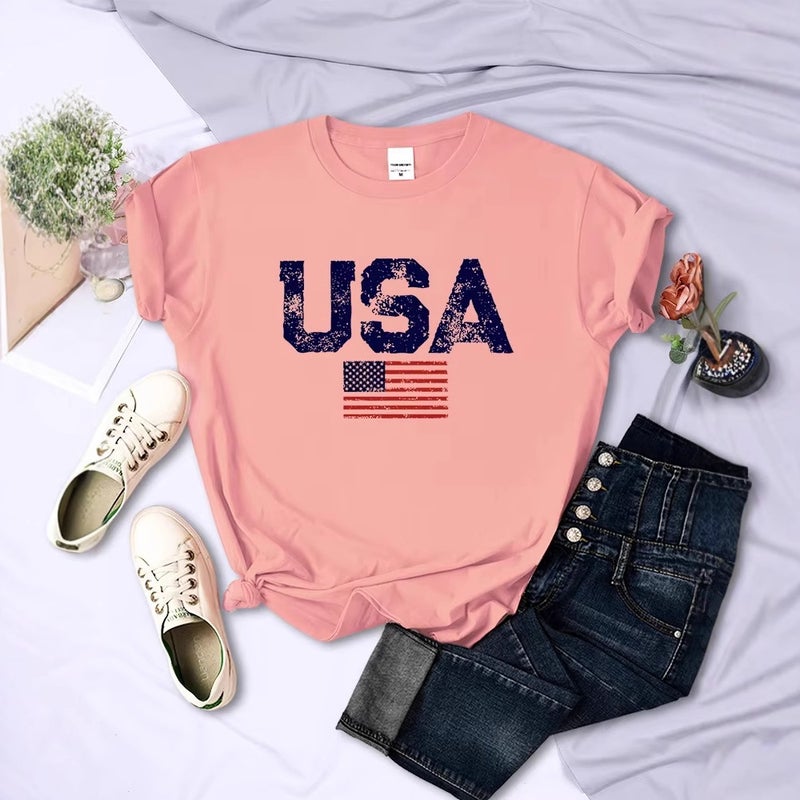 قمصان رياضية فضفاضة للرجال والنساء بأكمام قصيرة مطبوعة بعلم الولايات المتحدة الأمريكية - Image 4