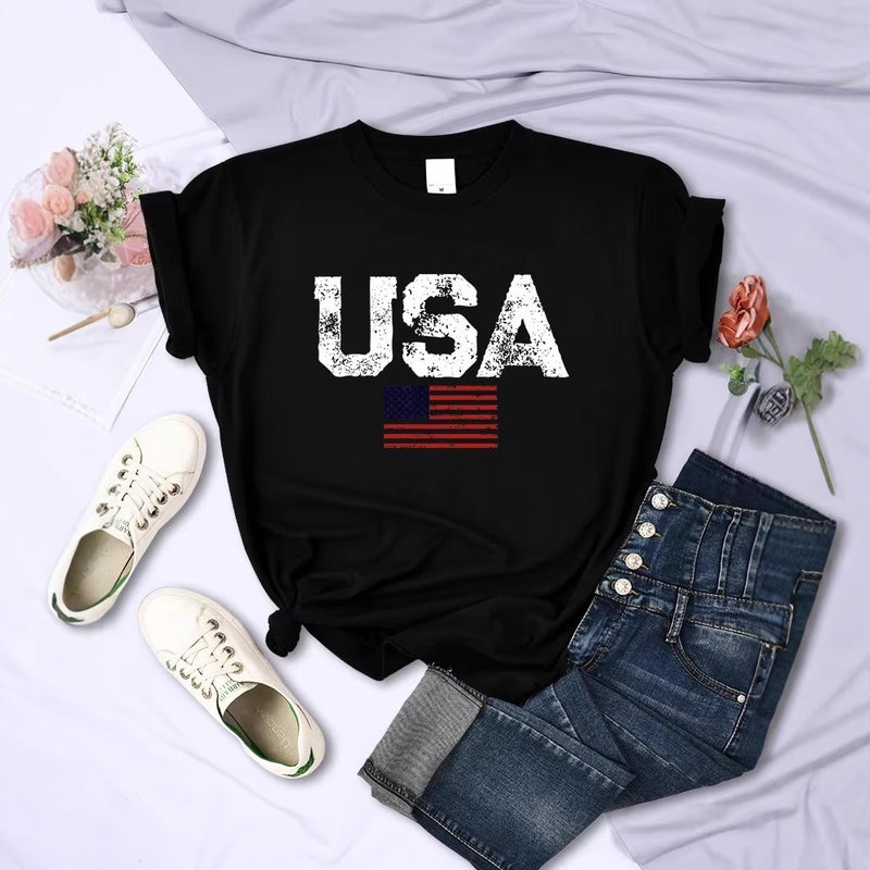 قمصان رياضية فضفاضة للرجال والنساء بأكمام قصيرة مطبوعة بعلم الولايات المتحدة الأمريكية - Image 3