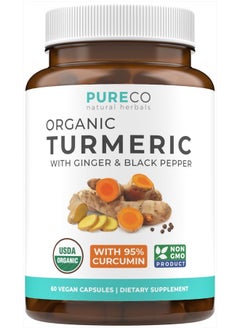 USDA Organic Turmeric Curcumin with Black Pepper and Ginger (2 Month Supply) Joint Support Supplement with Tumeric and Ginger Root Powder - Organic Turmeric Supplement - 60 Vegan Capsules (No Pills)