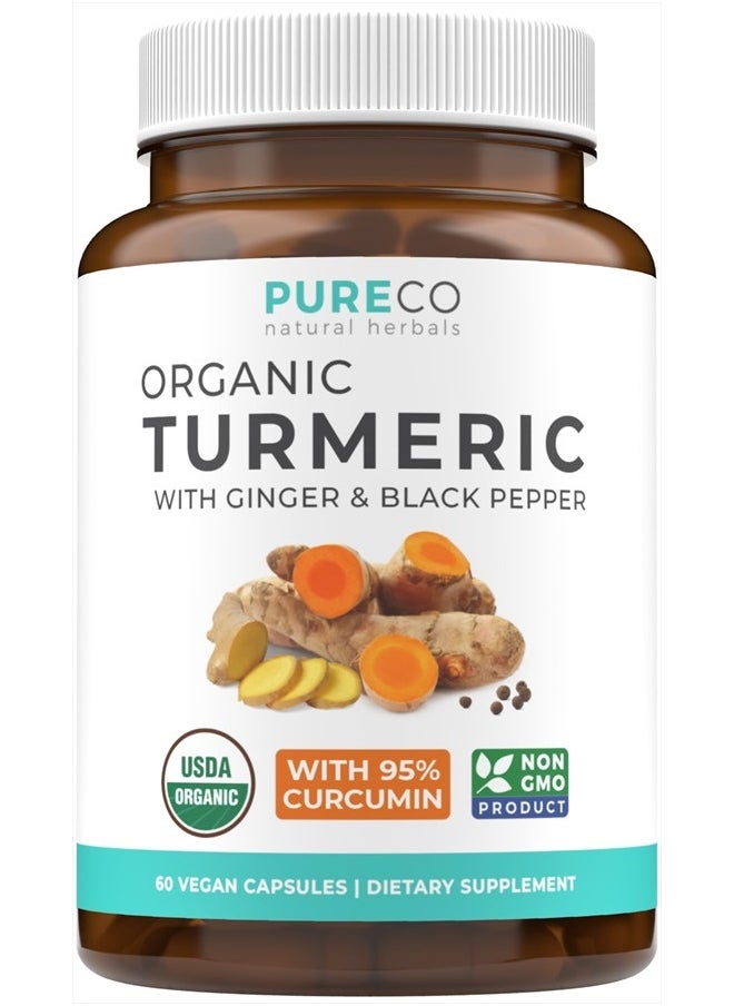 PURE CO - USDA Organic Turmeric Curcumin with Black Pepper and Ginger (2 Month Supply) Joint Support Supplement with Tumeric and Ginger Root Powder - Organic Turmeric Supplement - 60 Vegan Capsules (No Pills) - Image 1