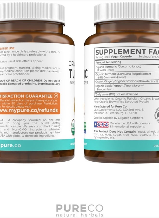 PURE CO - USDA Organic Turmeric Curcumin with Black Pepper and Ginger (2 Month Supply) Joint Support Supplement with Tumeric and Ginger Root Powder - Organic Turmeric Supplement - 60 Vegan Capsules (No Pills) - Image 1