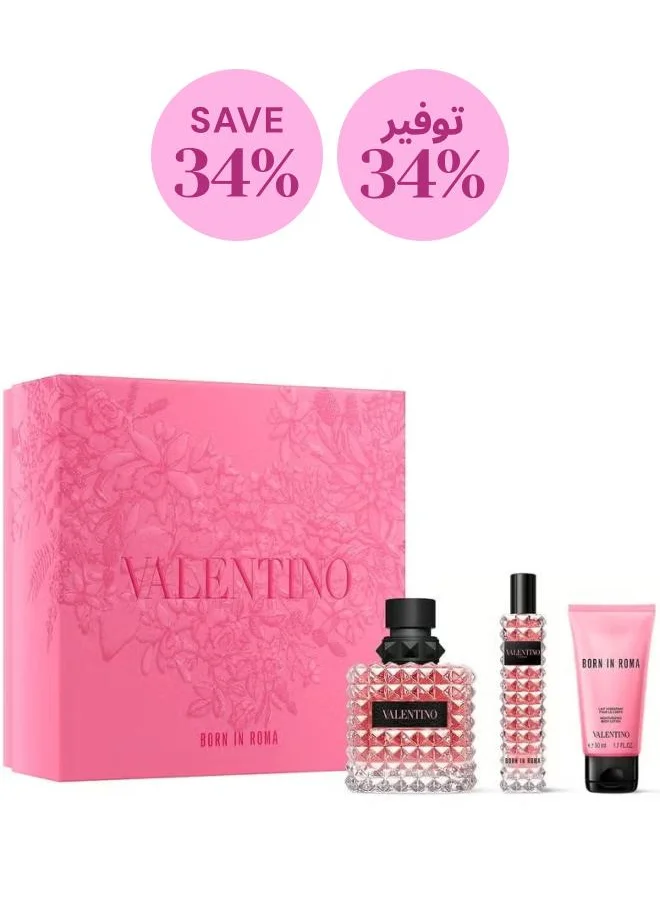 فالانتينو Born in Roma Donna Gift Set - EDP 100ml, EDP 15ml (Travel Size) & Body Lotion 50ml, Savings 34%