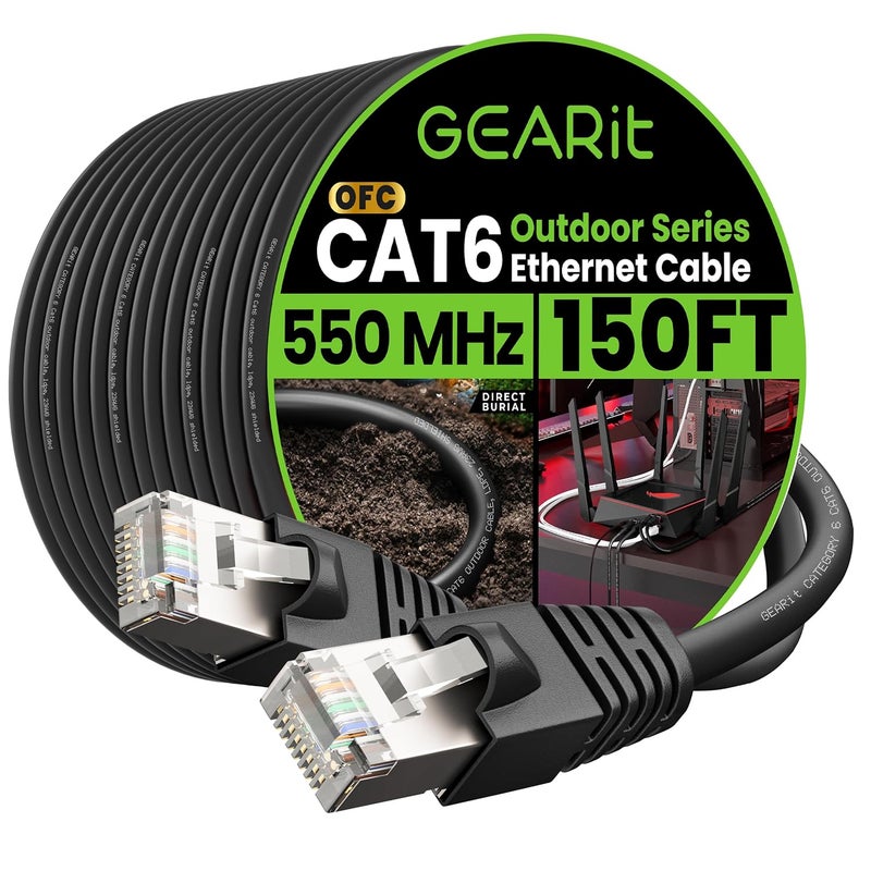 GearIT Cat6 Outdoor Ethernet Cable (150ft) 23AWG Pure Copper, FTP, LLDPE, Waterproof, Direct Burial, In-Ground, UV Resistant, POE, Network, LAN, Internet, Cat 6, Cat6 Cable - 150 Feet - Image 1