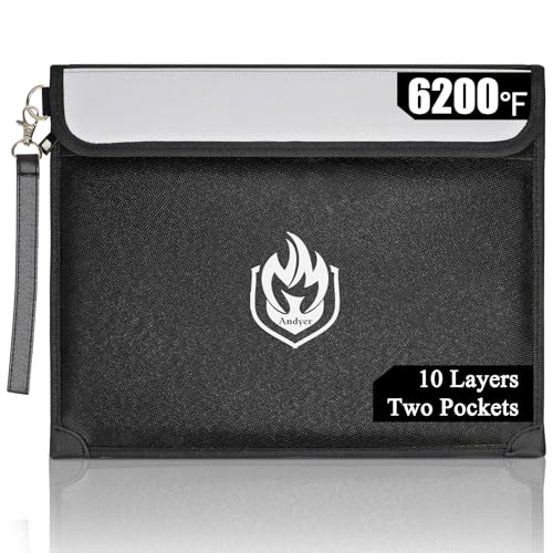 andyer 2 Pockets Fireproof Document Bag 6200°F, 10 Layers Waterproof Fireproof Money Bag for Cash with Reflective Strip, Heat Insulated Waterproof Document Holder Pouch, Fire Safe Storage (Black) - Image 1