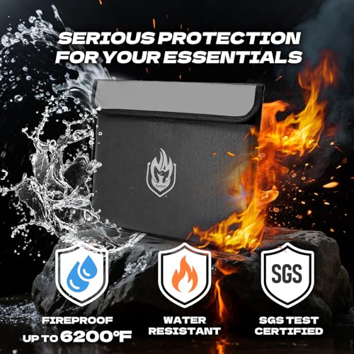 andyer 2 Pockets Fireproof Document Bag 6200°F, 10 Layers Waterproof Fireproof Money Bag for Cash with Reflective Strip, Heat Insulated Waterproof Document Holder Pouch, Fire Safe Storage (Black) - Image 2