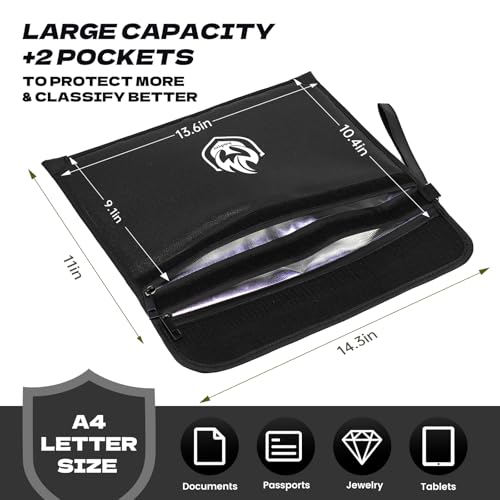 andyer 2 Pockets Fireproof Document Bag 6200°F, 10 Layers Waterproof Fireproof Money Bag for Cash with Reflective Strip, Heat Insulated Waterproof Document Holder Pouch, Fire Safe Storage (Black) - Image 3
