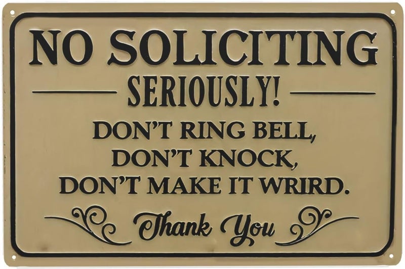 JACKGOLD Humorous No Soliciting Sign - Metal 12x8 Inch Vintage Wall Decor with Funny "Don't Ring Bell" Message, Sunproof for Home, Office, Front Door, Business-Easy Install Pre-Drilled Holes,Unique Gift Idea - Image 1