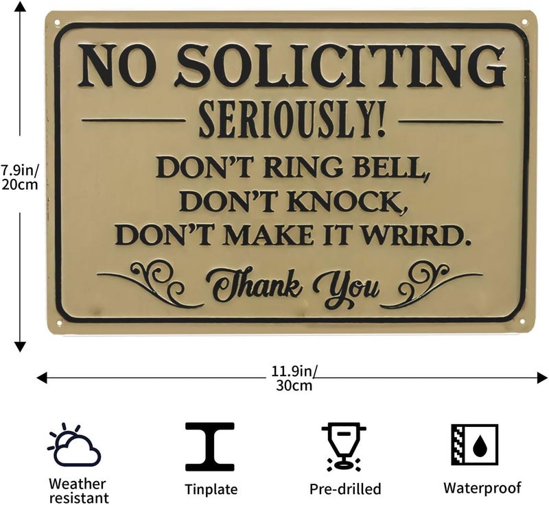 JACKGOLD Humorous No Soliciting Sign - Metal 12x8 Inch Vintage Wall Decor with Funny "Don't Ring Bell" Message, Sunproof for Home, Office, Front Door, Business-Easy Install Pre-Drilled Holes,Unique Gift Idea - Image 2