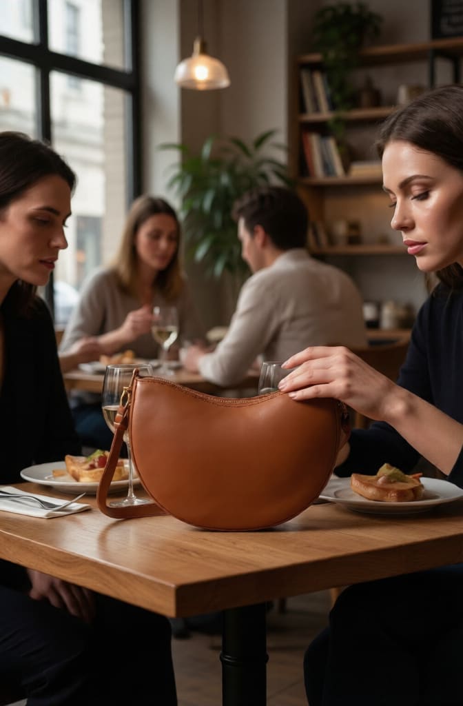 A stylish women's handbag made of genuine leather with a distinctive crescent design, in a camel color, perfect for everyday outings and formal occasions. - Image 3