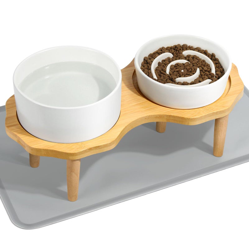 YUNLINLI 4-in-1 Ceramic Elevated Slow Feeder Dog Bowl Set, 6.3inch Dog Water Bowl and 5.9inch Slow Dish with Wooden Stand, Spill Proof Silicone Mat for Small and Medium Dog, Anti-Gulping (White) - Image 1