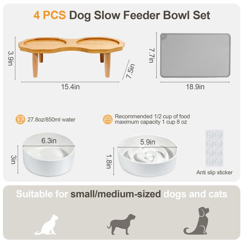 YUNLINLI 4-in-1 Ceramic Elevated Slow Feeder Dog Bowl Set, 6.3inch Dog Water Bowl and 5.9inch Slow Dish with Wooden Stand, Spill Proof Silicone Mat for Small and Medium Dog, Anti-Gulping (White) - Image 2