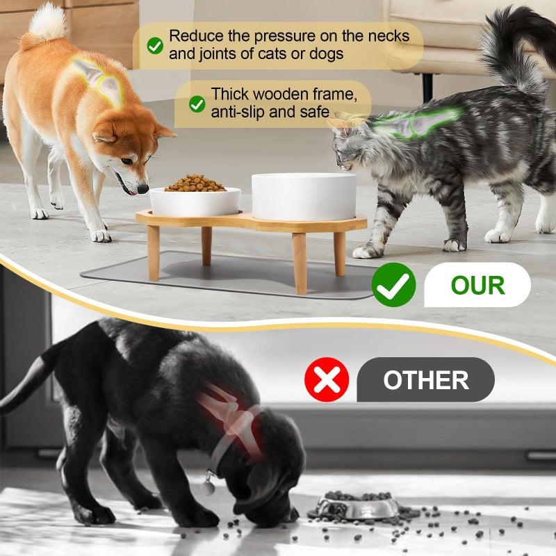 YUNLINLI 4-in-1 Ceramic Elevated Slow Feeder Dog Bowl Set, 6.3inch Dog Water Bowl and 5.9inch Slow Dish with Wooden Stand, Spill Proof Silicone Mat for Small and Medium Dog, Anti-Gulping (White) - Image 5