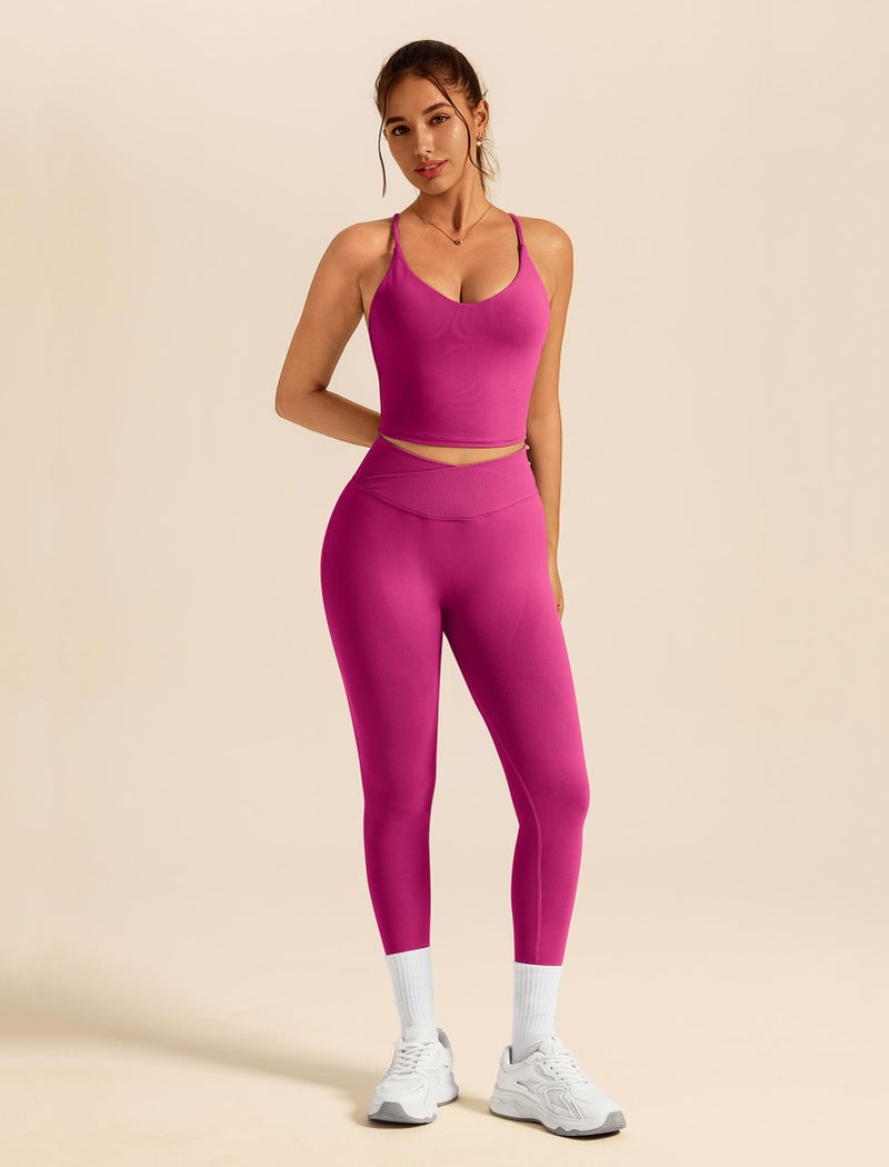 ABOCIW Workout Sets for Women 2 Piece Seamless V Neck Strappy Tank Top with Bra Crossover Waist Scrunch Butt Lifting Leggings Gym Sets Yoga Pilates Outfits Work Out Clothes Hibiscus Medium - Image 4