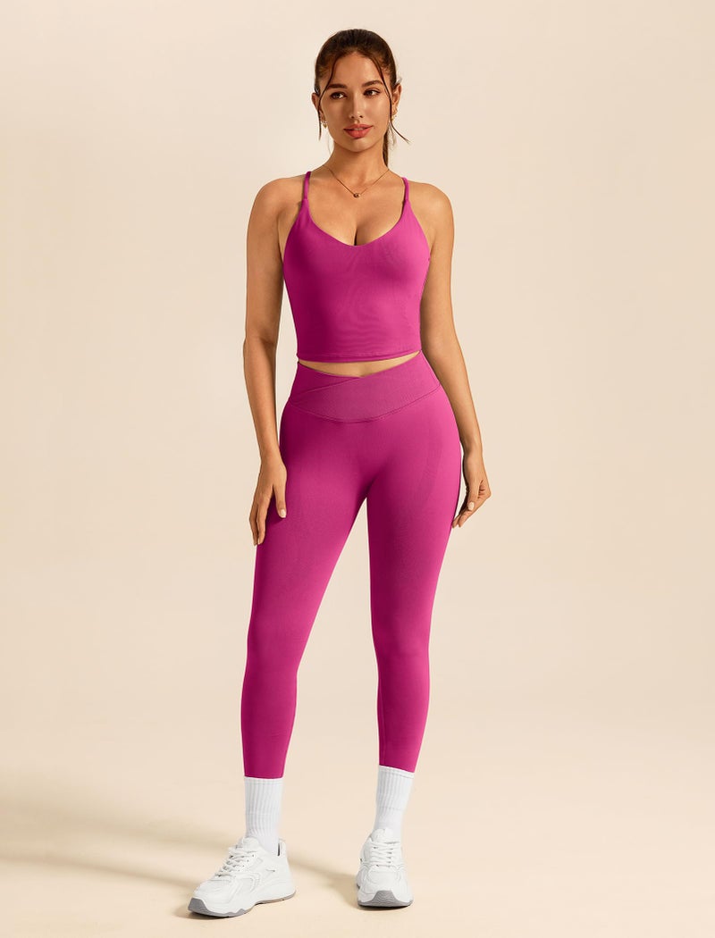 ABOCIW Workout Sets for Women 2 Piece Seamless V Neck Strappy Tank Top with Bra Crossover Waist Scrunch Butt Lifting Leggings Gym Sets Yoga Pilates Outfits Work Out Clothes Hibiscus Medium - Image 2