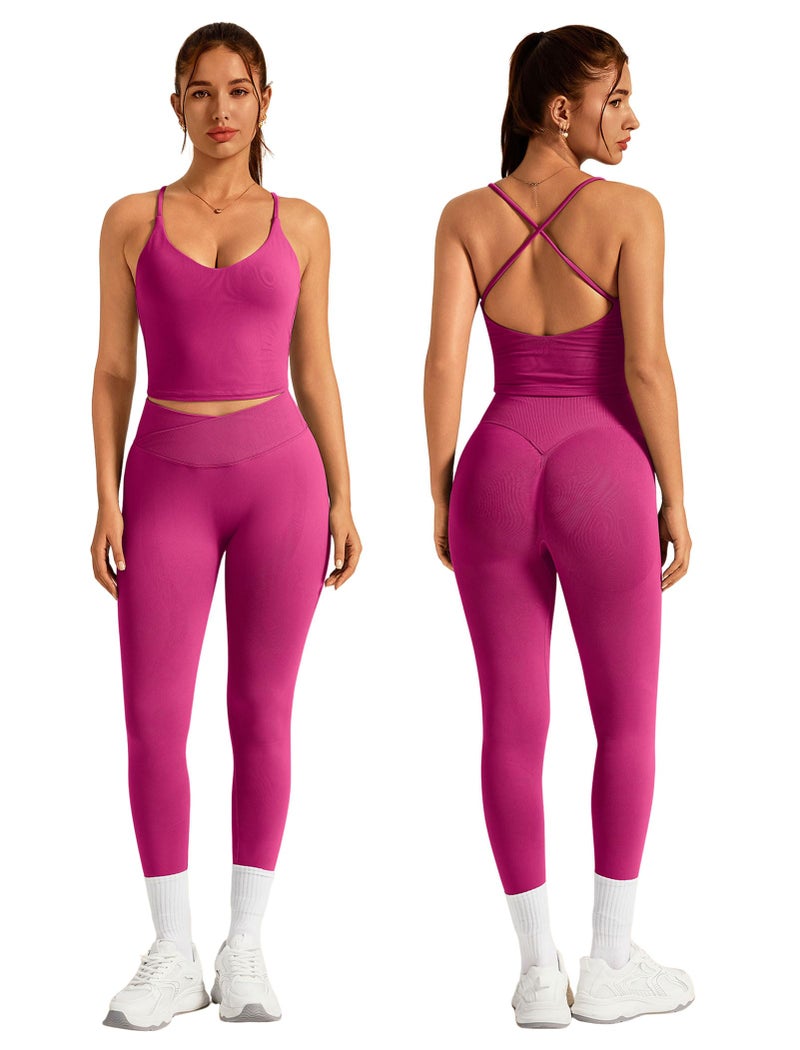 ABOCIW Workout Sets for Women 2 Piece Seamless V Neck Strappy Tank Top with Bra Crossover Waist Scrunch Butt Lifting Leggings Gym Sets Yoga Pilates Outfits Work Out Clothes Hibiscus Medium - Image 1