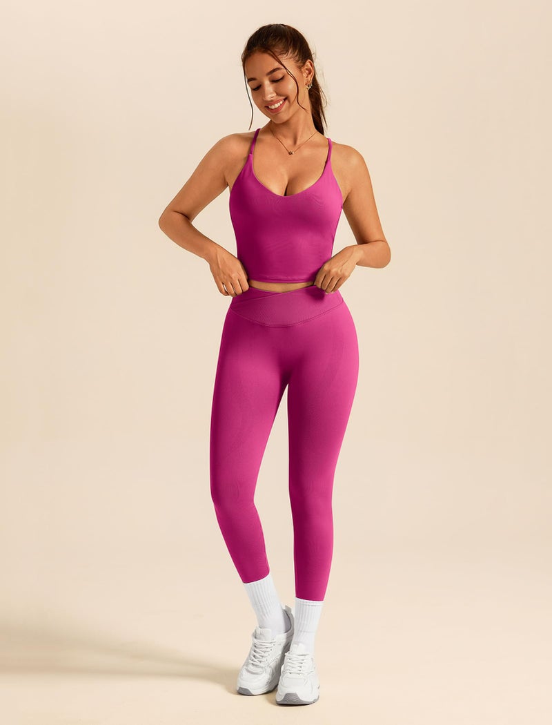 ABOCIW Workout Sets for Women 2 Piece Seamless V Neck Strappy Tank Top with Bra Crossover Waist Scrunch Butt Lifting Leggings Gym Sets Yoga Pilates Outfits Work Out Clothes Hibiscus Medium - Image 5