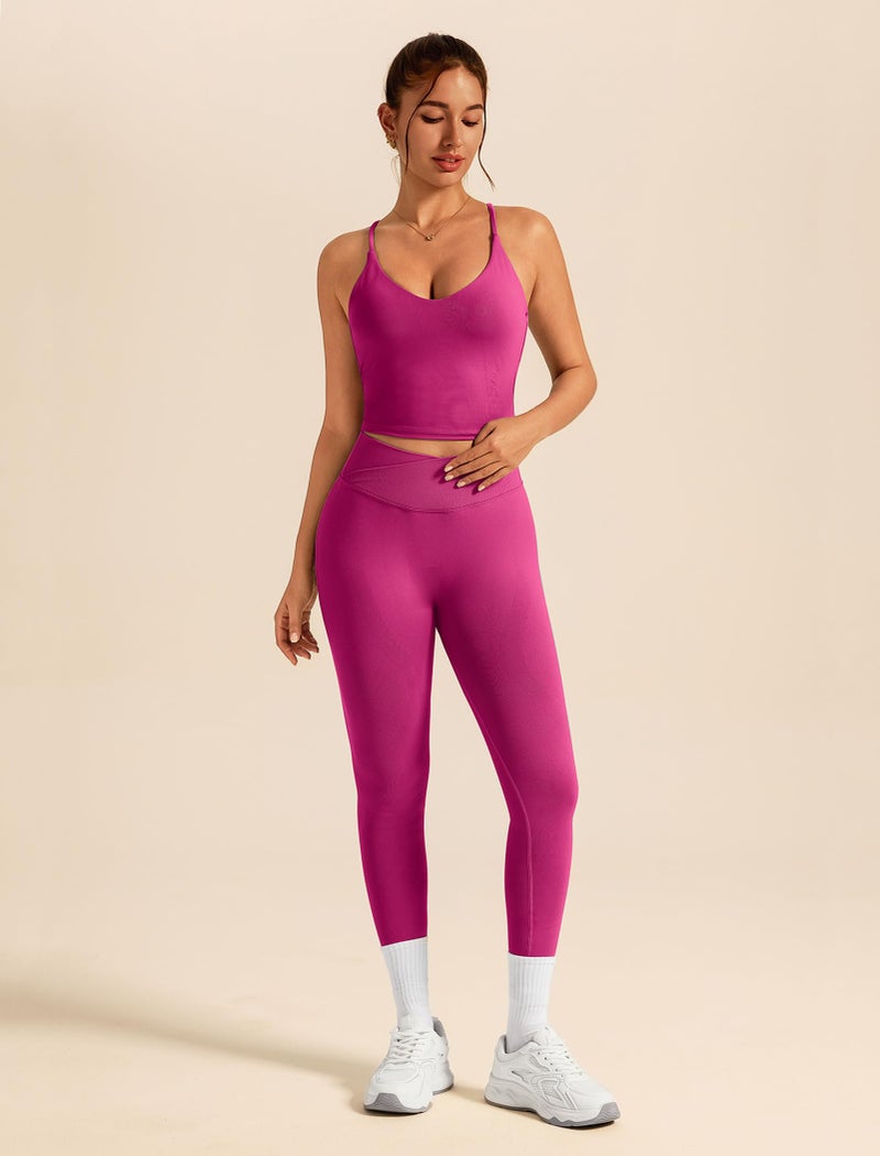 ABOCIW Workout Sets for Women 2 Piece Seamless V Neck Strappy Tank Top with Bra Crossover Waist Scrunch Butt Lifting Leggings Gym Sets Yoga Pilates Outfits Work Out Clothes Hibiscus Medium - Image 3