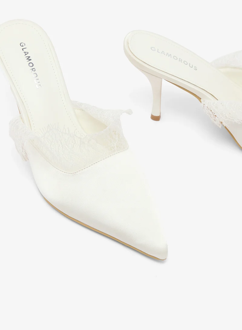 Glamorous WHITE SATIN Casual Mule Heeled Sandals for Women | Best Price UAE