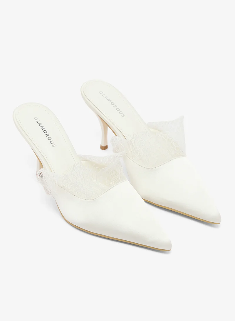 Glamorous WHITE SATIN Casual Mule Heeled Sandals for Women | Best Price UAE
