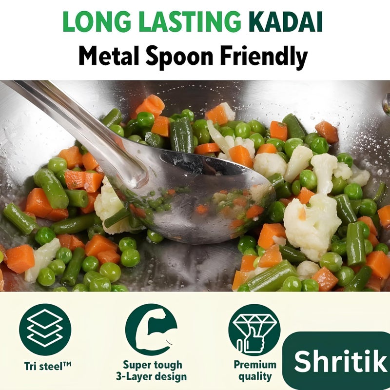 Shritik Triply Stainless Steel Kadai with Lid (26cm, 3.5L) | 2.5 mm Thick | Triply Kadai with Heavy Bottom | Induction Friendly Triply Stainless Steel Cookware Kadhai | 5 Year Warranty - Image 4