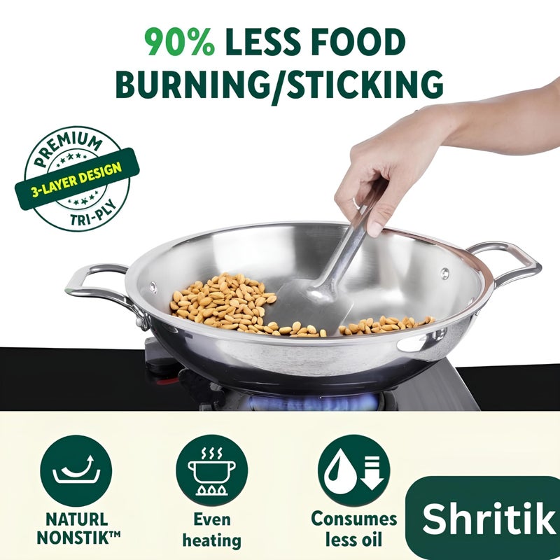 Shritik Triply Stainless Steel Kadai with Lid (26cm, 3.5L) | 2.5 mm Thick | Triply Kadai with Heavy Bottom | Induction Friendly Triply Stainless Steel Cookware Kadhai | 5 Year Warranty - Image 3
