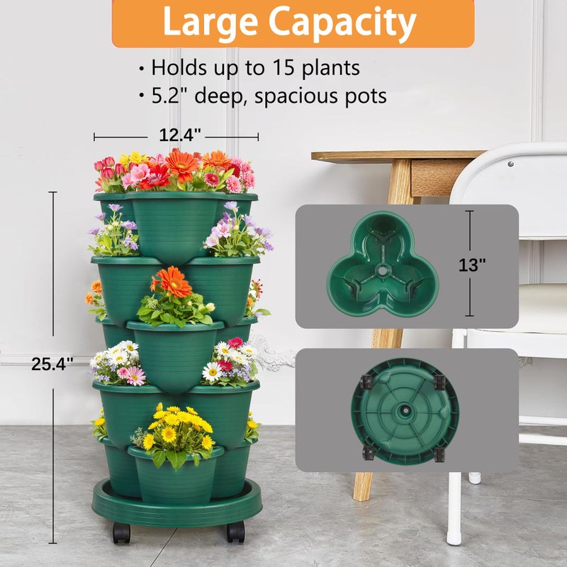 VECELO 5 Tier Vertical Garden Planter, Self Watering Stackable Planters with Wheels for Strawberries, Herbs, Flowers, Vegetables, Dark Green - Image 5
