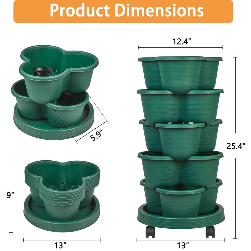 VECELO 5 Tier Vertical Garden Planter, Self Watering Stackable Planters with Wheels for Strawberries, Herbs, Flowers, Vegetables, Dark Green - Image 2