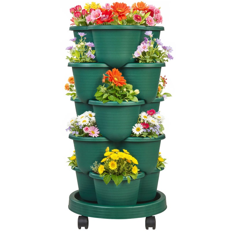 VECELO 5 Tier Vertical Garden Planter, Self Watering Stackable Planters with Wheels for Strawberries, Herbs, Flowers, Vegetables, Dark Green - Image 1
