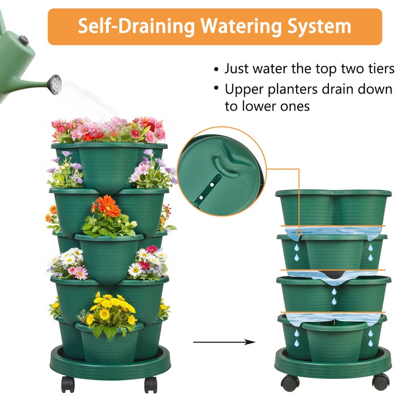 VECELO 5 Tier Vertical Garden Planter, Self Watering Stackable Planters with Wheels for Strawberries, Herbs, Flowers, Vegetables, Dark Green - Image 3