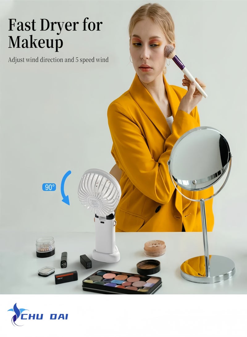 CHU DAI Portable Handheld Fan, Type-C Rechargeable, 4000mAh Battery Operated Fans with LED Display, 90° Foldable , 5 Speed Wind,Handheld/Neck/Desk 3 in 1 Personal Small Fans, Makeup Fan for Women (White) - Image 3