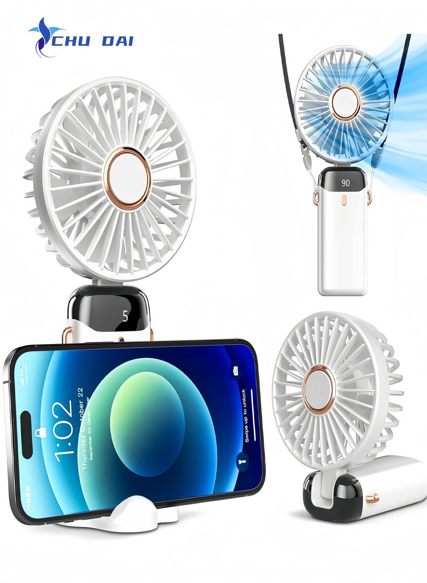 Portable Handheld Fan, Type-C Rechargeable, 4000mAh Battery Operated Fans with LED Display, 90° Foldable , 5 Speed Wind,Handheld/Neck/Desk 3 in 1 Personal Small Fans, Makeup Fan for Women (White)