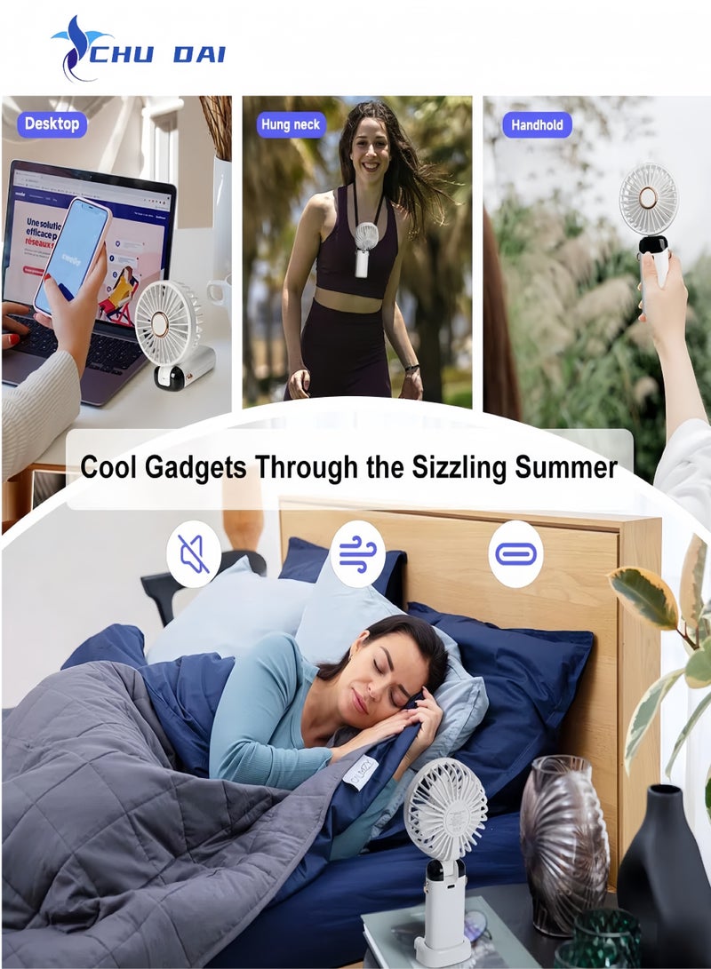 CHU DAI Portable Handheld Fan, Type-C Rechargeable, 4000mAh Battery Operated Fans with LED Display, 90° Foldable , 5 Speed Wind,Handheld/Neck/Desk 3 in 1 Personal Small Fans, Makeup Fan for Women (White) - Image 4