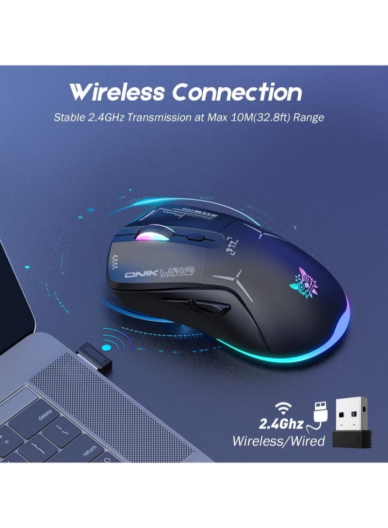 onikuma Gaming Mouse, Wired/Wireless/Bluetooth Tri-Mode, Laptop Wireless Mouse, Portable Type-C Rechargeable 4800 DPI Mouse with 7 RGB Lighting Modes - Image 4
